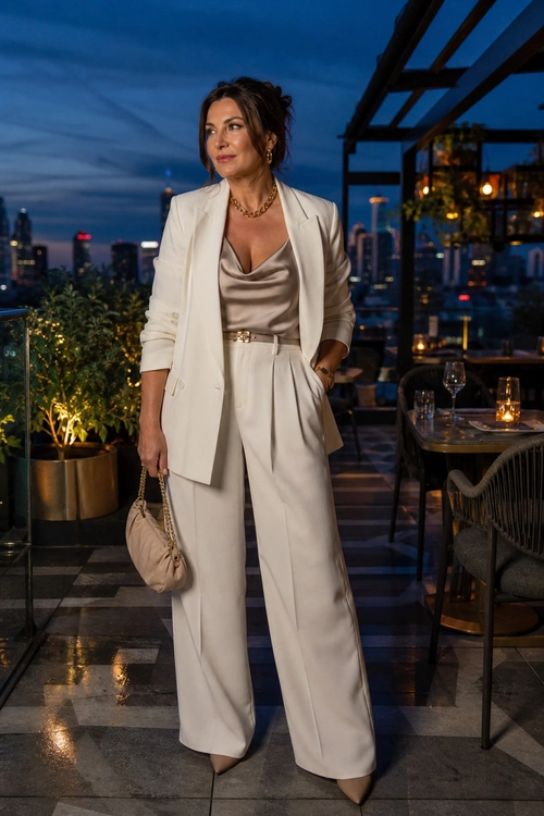 A woman wears an ivory blazer and wide-leg trousers with a taupe satin top, beige pointed heels, and a chain-handle handbag.