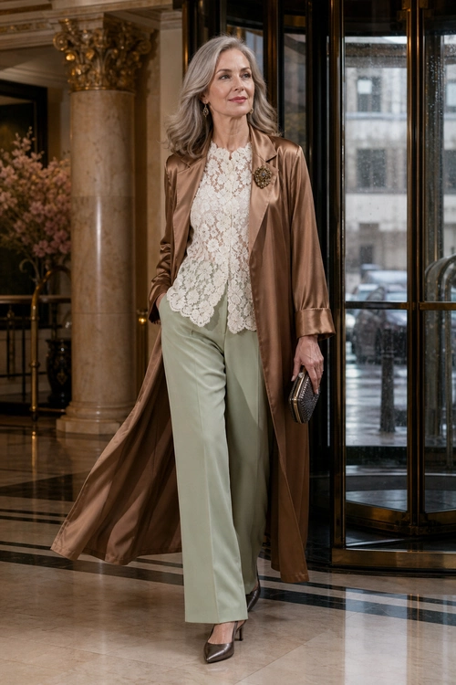 A woman wears a long bronze satin coat over a white lace blouse, pale sage trousers, metallic heels, a brooch, earrings, and a small clutch.