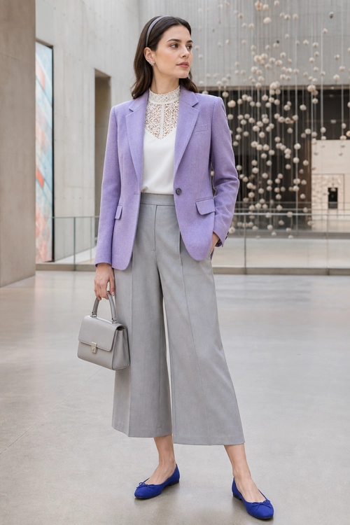 Lavender Blazer with Gray Culottes A woman wears a lavender blazer over a white lace blouse with gray wide-leg culottes, blue flats, and a structured gray handbag.