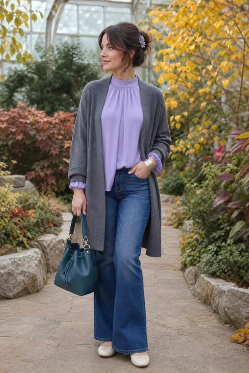 Lavender Blouse and Gray Cardigan Outfit A lavender high-neck blouse, long gray cardigan, wide-leg blue jeans, white sneakers, and a teal handbag styled for a casual outdoor outfit.