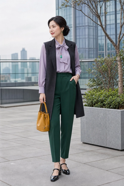 Lavender Blouse and Green Trousers Outfit A woman wears a lavender bow-neck blouse, charcoal sleeveless vest, dark green trousers, black strap shoes, and a tan handbag.