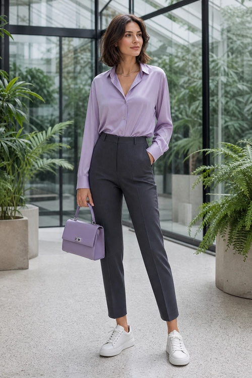 Lavender Blouse with Tailored Trousers Woman wearing a lavender blouse, dark gray tailored trousers, white sneakers, and carrying a matching lavender handbag.
