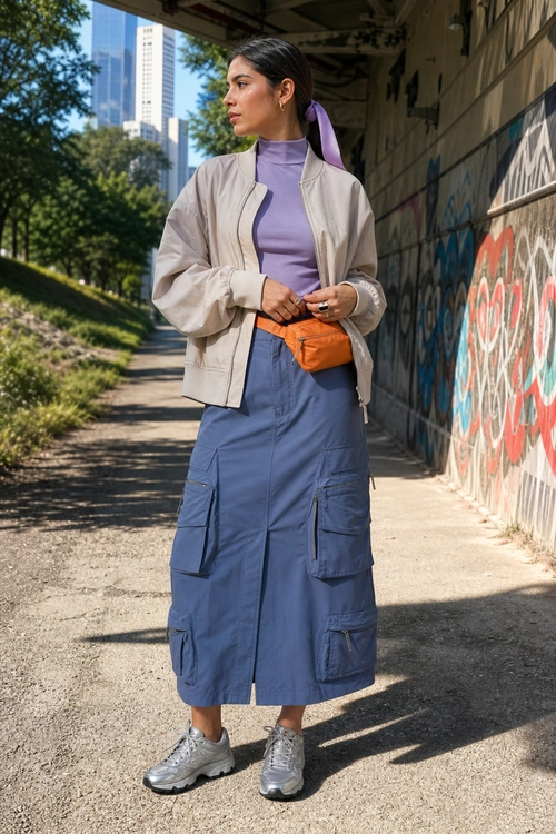 A woman wears a light beige jacket over a lavender high-neck top with a blue cargo midi skirt, orange waist bag, and gray sneakers.