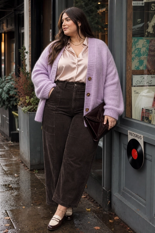 A woman wears a lavender cardigan over a pale pink blouse with dark brown wide-leg trousers, Mary Jane flats, and a dark clutch.