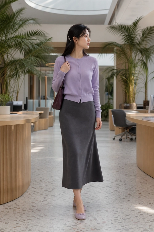 Lavender Cardigan and Gray Skirt Outfit A woman wears a lavender button-front cardigan with a charcoal gray midi skirt, lavender flats, and a burgundy shoulder bag.