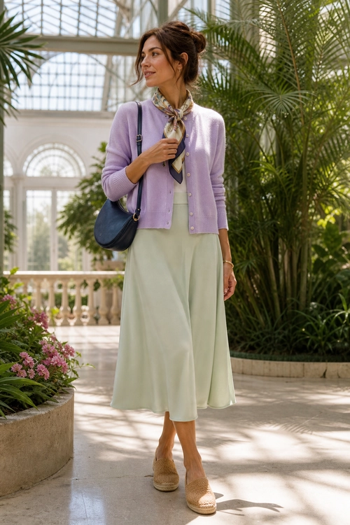 Lavender Cardigan and Mint Midi Dress A woman wears a lavender button-front cardigan over a pale mint midi dress with a printed neck scarf, navy crossbody bag, and woven espadrille shoes.