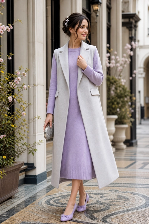 Lavender Dress with Longline Vest Woman wearing a lavender long-sleeve midi dress with a light gray longline vest, lavender pumps, and a metallic clutch.