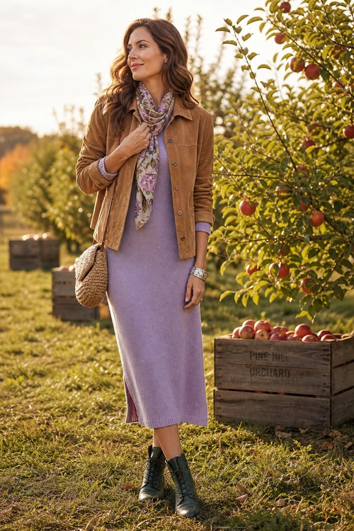 Woman wearing a lavender midi dress, tan jacket, floral scarf, woven crossbody bag, and black ankle boots.