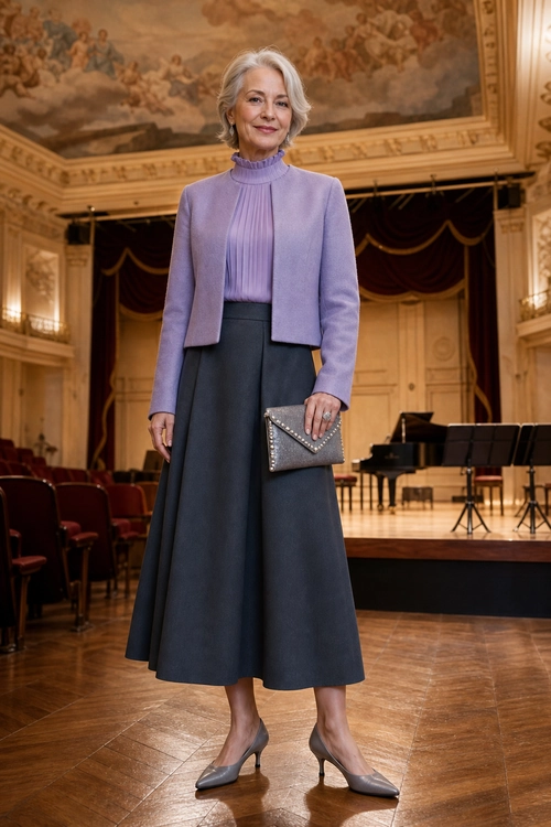 Lavender Jacket and Charcoal Midi Skirt Elegant outfit featuring a lavender cropped jacket, pleated high-neck blouse, charcoal midi skirt, pointed heels, and a studded clutch.