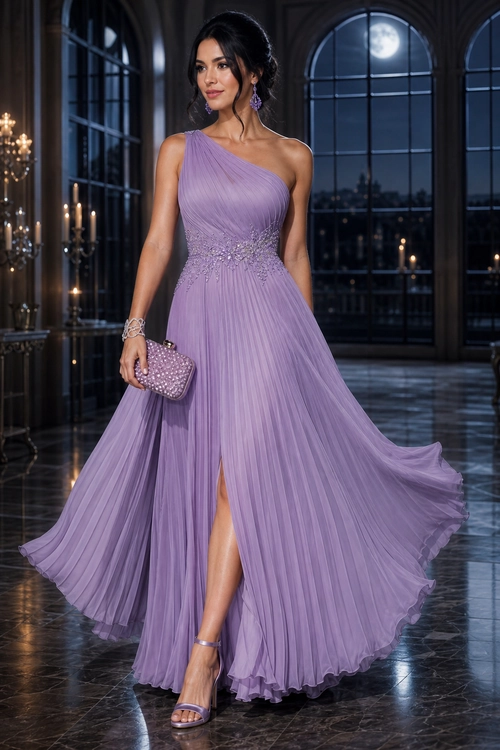 A woman wears a lavender one-shoulder pleated gown with an embellished waist, high slit, matching clutch, and strappy heels.
