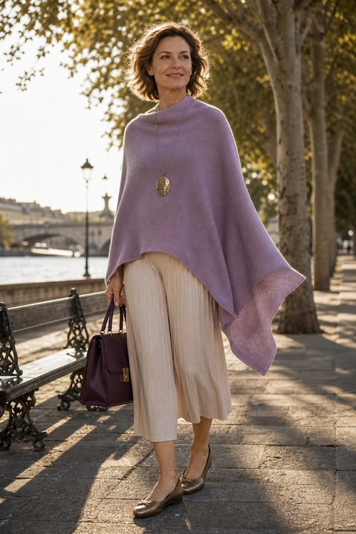 A woman wears a lavender poncho with cream pleated trousers, brown loafers, a burgundy handbag, and a long pendant necklace along a riverside walkway.