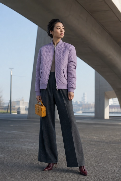 A woman wears a lavender quilted jacket over a dark top with wide-leg trousers, burgundy ankle boots, and a small tan handbag.