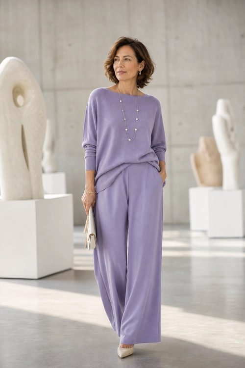 Lavender Relaxed Two-Piece Outfit A woman wears a lavender long-sleeve top with matching wide-leg trousers, layered necklaces, a light clutch, and pointed shoes.