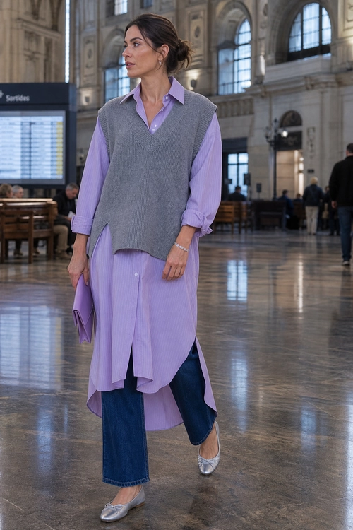 Lavender Shirt and Gray Sweater Vest Outfit A woman wears a lavender long shirt layered under a gray sleeveless sweater vest with dark blue jeans and silver flats.