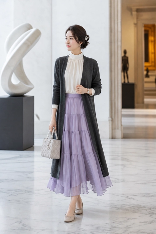 Lavender Skirt and Long Cardigan Outfit A woman wears a cream high-neck blouse, charcoal long cardigan, lavender tiered skirt, beige flats, and carries a light gray handbag.