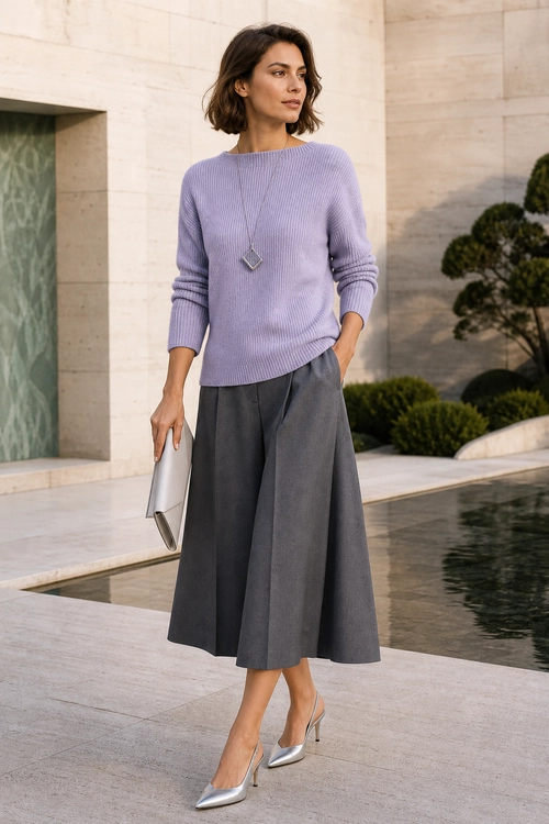 Lavender Sweater and Gray Midi Skirt Outfit A woman wears a lavender ribbed sweater with a charcoal gray midi skirt, silver pointed heels, a white clutch, and a pendant necklace.