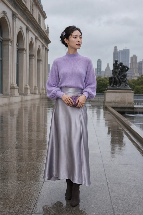 Lavender Sweater and Satin Skirt Outfit A lavender ribbed sweater paired with a flowing silver-gray satin skirt, dark ankle boots, and a small purple clutch.