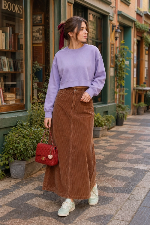 Lavender Sweatshirt and Corduroy Skirt Outfit A woman wears a lavender cropped sweatshirt with a brown corduroy midi skirt, cream sneakers, and a red quilted handbag.