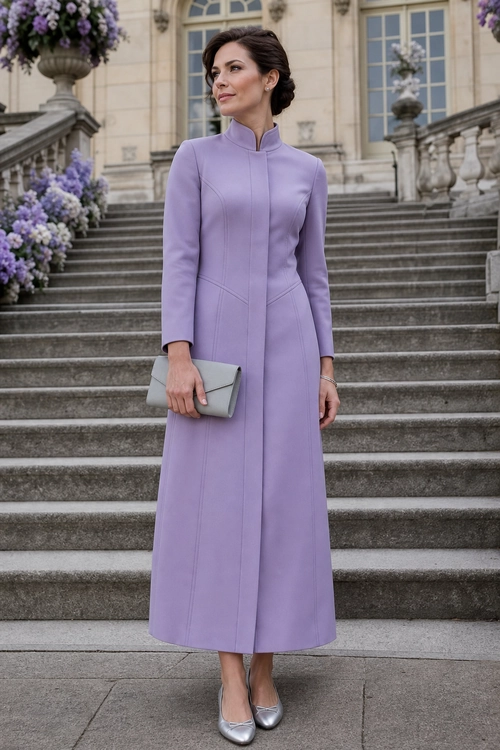 Lavender Tailored Dress Look A woman wears a long lavender tailored dress with silver pointed-toe pumps and a gray clutch on a grand staircase.