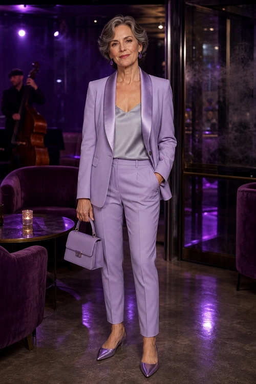 A woman wears a lavender blazer and tailored trousers with a satin camisole, pointed pumps, and a matching handbag.