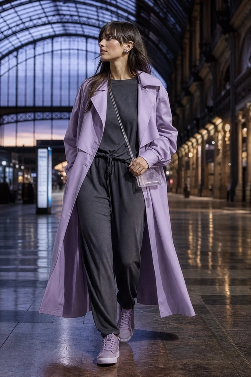 Lavender Trench Coat Outfit A woman wears a long lavender trench coat over a charcoal top and dark jogger trousers with lavender sneakers and a small transparent crossbody bag.