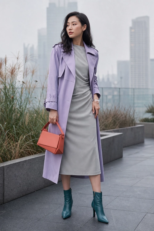 Lavender Trench Coat with Gray Dress A woman wears a lavender trench coat over a gray midi dress with teal heeled ankle boots and carries a coral handbag.