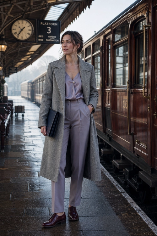 Lavender Trousers with a Gray Coat A woman wears a long gray coat over a lavender blouse and matching wide-leg trousers with burgundy shoes and a black clutch on a train platform.