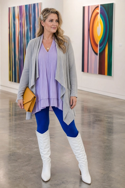 A woman wears a lavender pleated tunic, long gray cardigan, blue leggings, white knee-high boots, and carries a mustard clutch.