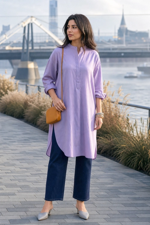 Lavender Tunic and Wide-Leg Jeans A woman wears a lavender long-sleeve tunic with dark wide-leg jeans, pointed light flats, and a mustard crossbody bag.