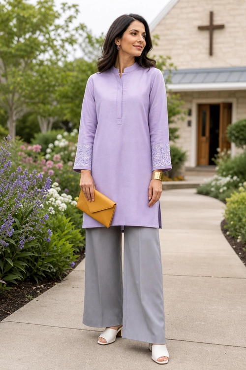 Lavender Tunic and Wide-Leg Trousers A lavender tunic with embroidered cuffs is styled with gray wide-leg trousers, white peep-toe shoes, and a mustard envelope clutch.