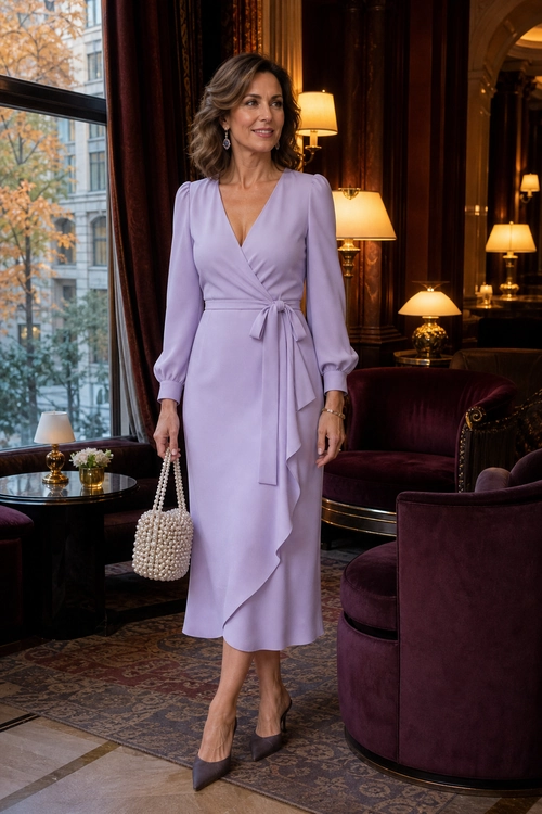 Woman wearing a lavender long-sleeve wrap midi dress with pointed-toe pumps and a pearl-beaded handbag.