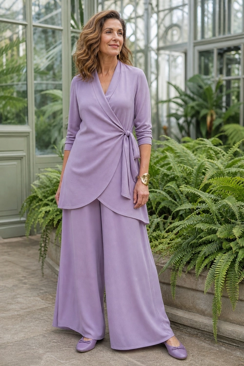 A woman wears a lavender wrap-style top with wide-leg trousers and matching flats.