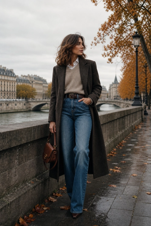 Layered City Stroll Look A woman wears a long charcoal coat over a taupe sweater and white collared shirt with blue wide-leg jeans and a brown leather shoulder bag.