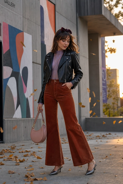 A woman wears a black leather jacket, lavender top, rust flared trousers, pointed heels, and a pink shoulder bag outdoors.