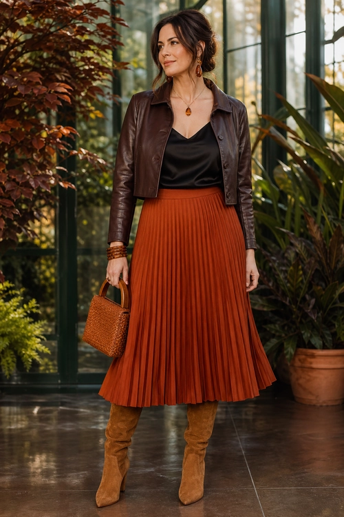Leather Jacket and Rust Pleated Skirt Outfit Woman wearing a brown leather jacket over a black top with a rust pleated midi skirt, brown knee-high boots, and a woven handbag.