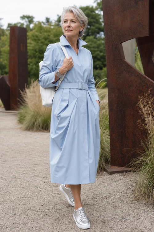 Light Blue Belted Shirt Dress A woman wears a light blue belted shirt dress with a white tote bag and white sneakers.