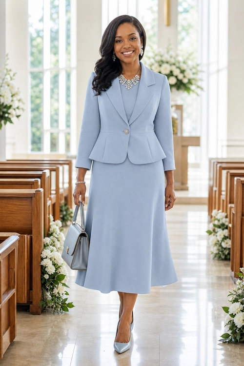Light Blue Blazer and Skirt Suit A woman wears a light blue tailored blazer with a matching midi skirt, pointed-toe pumps, a structured handbag, and statement jewelry.