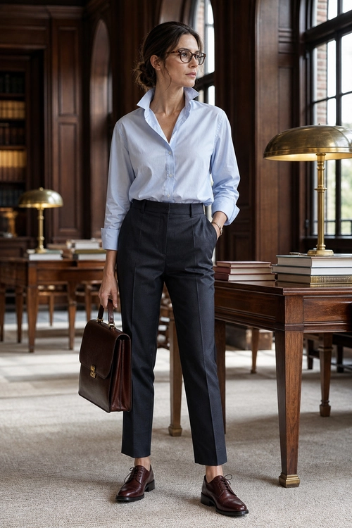 Light Blue Shirt with Tailored Trousers A polished outfit featuring a light blue button-down shirt, dark tailored trousers, burgundy lace-up shoes, glasses, and a structured brown leather handbag.