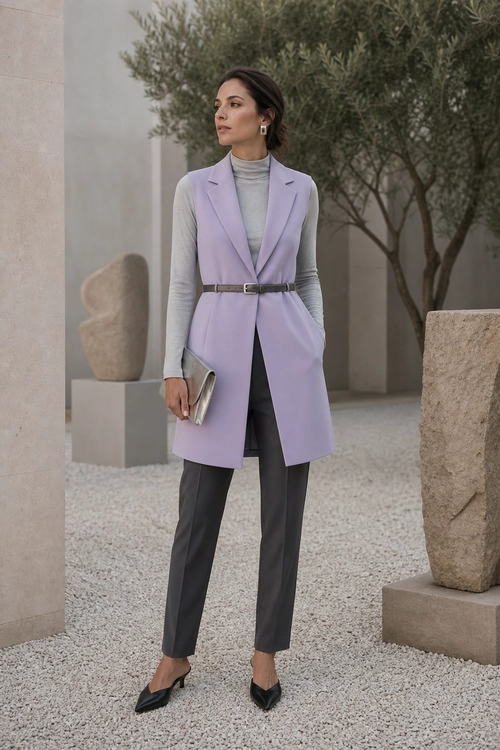 Lilac Belted Vest Outfit A tailored lilac belted vest layered over a gray turtleneck with charcoal trousers, black pointed shoes, and a silver clutch.