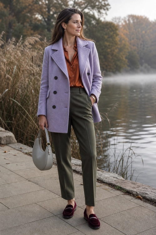 Lilac Coat and Olive Trousers Outfit Woman wearing a lilac tailored coat, rust button-front blouse, olive trousers, burgundy loafers, and a gray shoulder bag beside a lake.