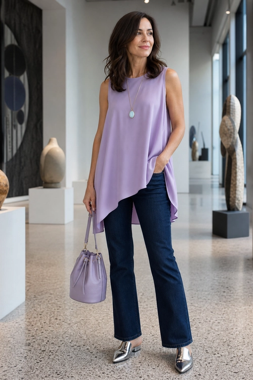 Woman wearing a sleeveless lilac asymmetrical tunic, dark blue jeans, silver pointed-toe shoes, a pendant necklace, and a lavender bucket bag.