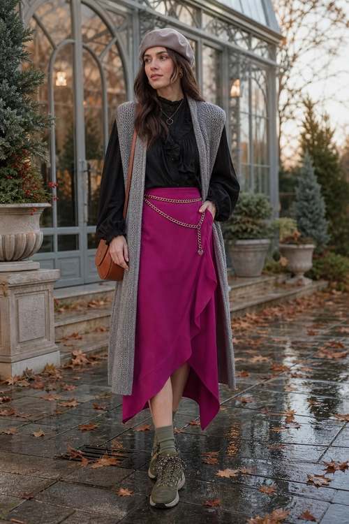 A layered outfit featuring a magenta asymmetrical skirt, black blouse, long gray vest, mauve beret, and chunky sneakers.