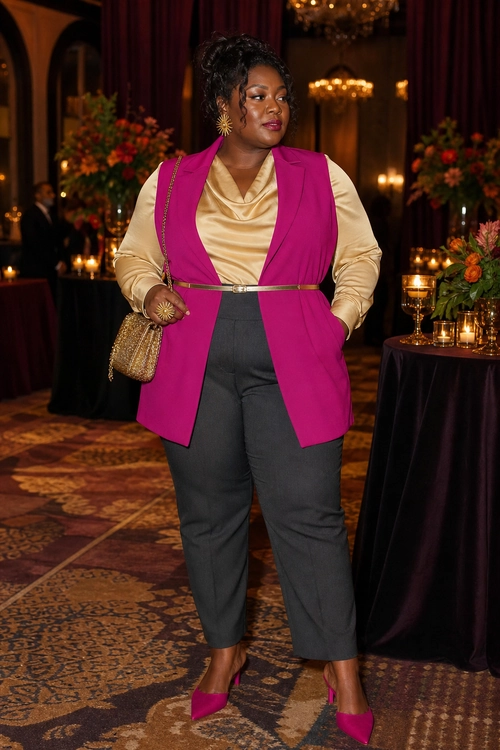 A tailored magenta sleeveless vest layered over a cream satin blouse with charcoal cropped trousers and matching pointed heels.