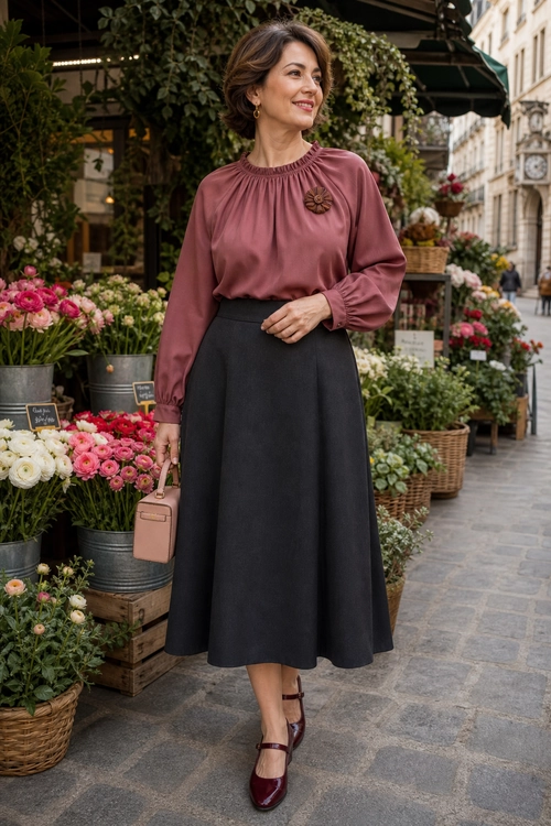 Woman wearing a mauve long-sleeve blouse with a brooch, black midi skirt, burgundy strap shoes, and a small blush handbag.