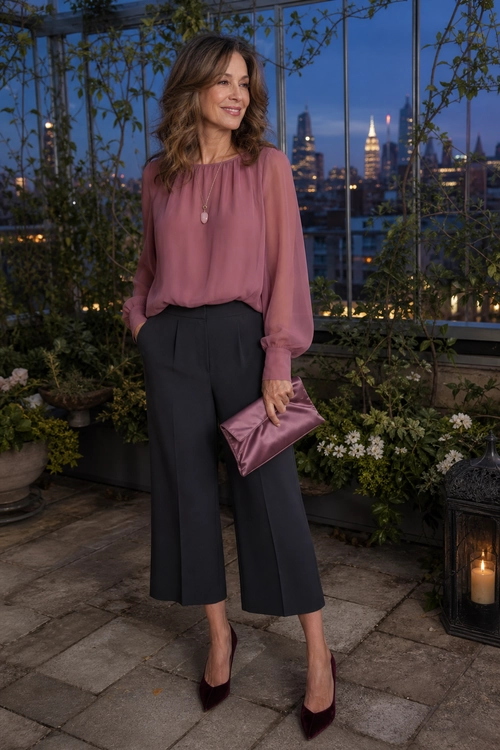 Mauve Blouse with Cropped Trousers A mauve long-sleeve blouse is paired with dark cropped wide-leg trousers, burgundy pointed-toe heels, a matching clutch, and a pendant necklace.