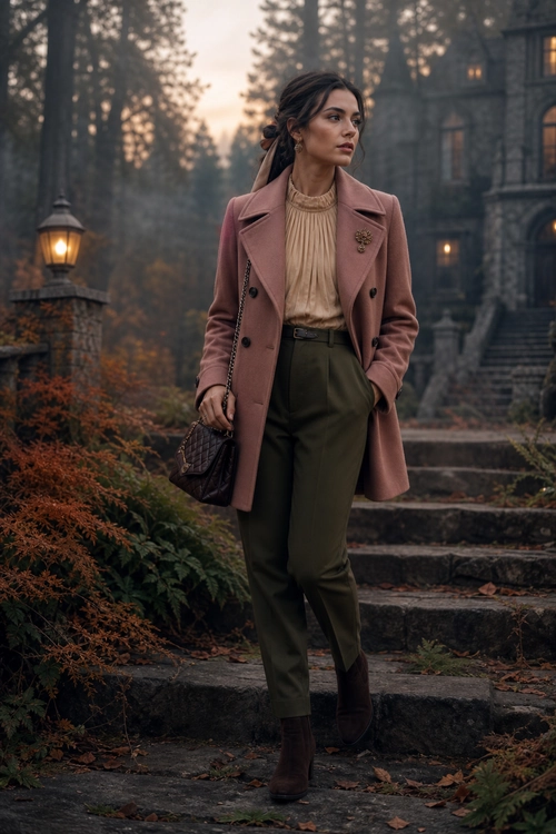 A tailored mauve coat layered over a pleated beige blouse with olive trousers, brown ankle boots, and a dark quilted shoulder bag.