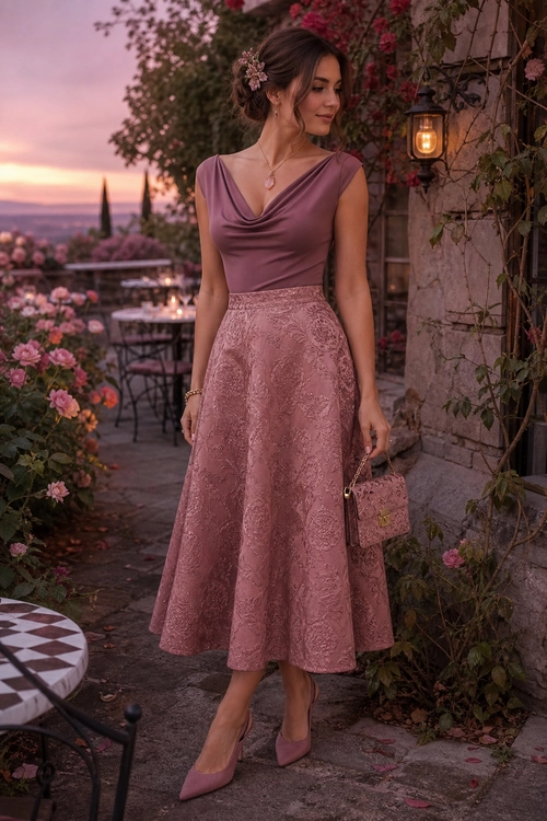 Woman wearing a mauve draped sleeveless top with a dusty rose textured midi skirt, pointed pumps, and a small matching handbag.