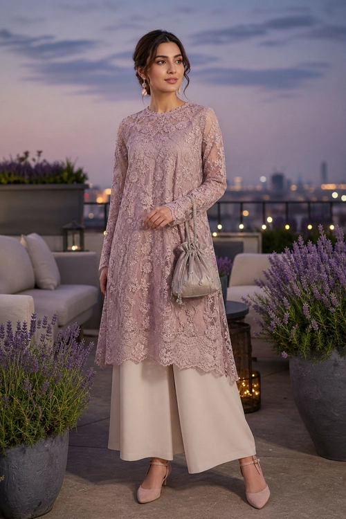 Mauve Lace Tunic with Wide-Leg Trousers A woman wears a mauve long-sleeve lace tunic over cream wide-leg trousers with matching heels and a metallic drawstring bag.