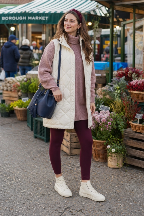 A layered outfit featuring a mauve turtleneck sweater tunic, ivory quilted vest, burgundy leggings, white high-top sneakers, and a navy shoulder bag.