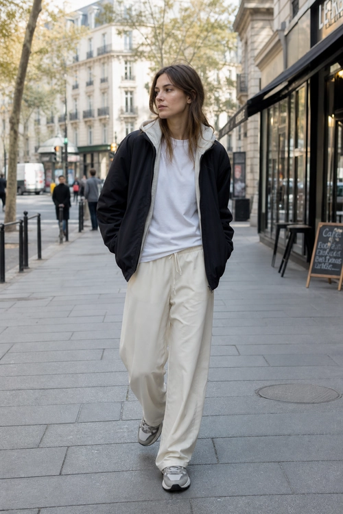 A person wears a black hooded jacket, white T-shirt, cream wide-leg trousers, and gray sneakers while walking on a city sidewalk.